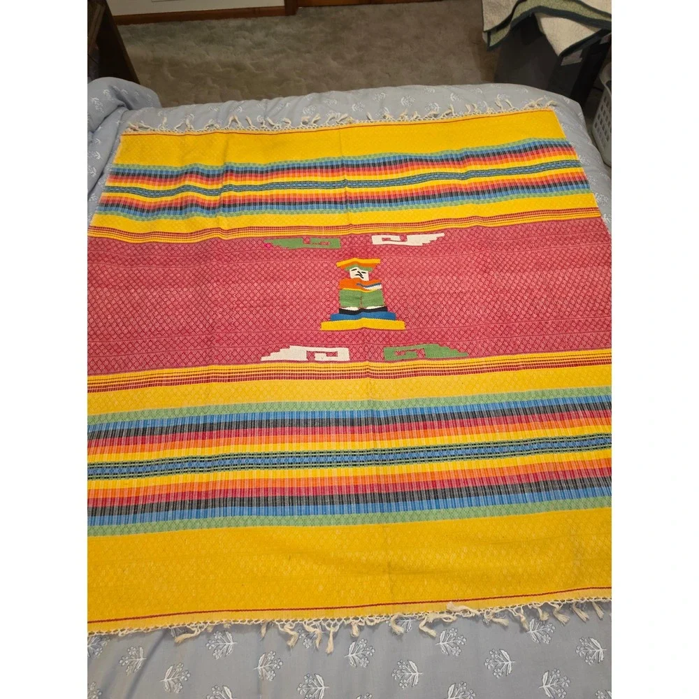 Vtg Mexican Falsa Blanket/tapestry Handwoven Striped SaltilloSerape ThrowFringed